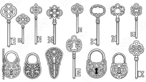 Collection of ornate vintage keys and locks on white background