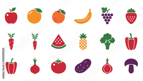 Colorful icons of various fruits and vegetables isolated on white background