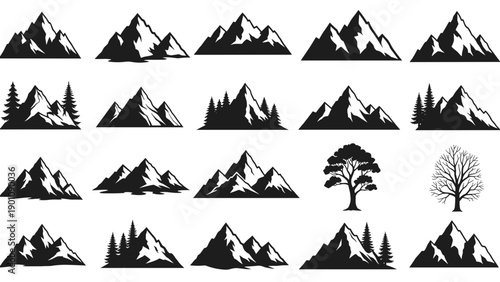 Collection of black mountain and tree silhouettes isolated on white background