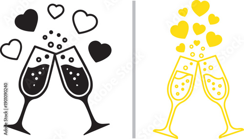 Two vector illustrations of champagne flutes clinking in a celebratory toast, accented by floating hearts. Features a bold black-filled version and a vibrant yellow outline design.