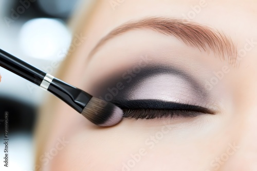 Close-up of a woman applying smoky eye makeup with a brush, showcasing the blending technique and artistry involved in creating a dramatic eye look for beauty enthusiasts