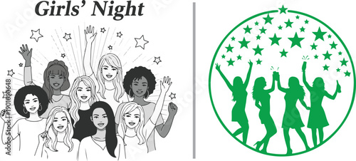 Two "Girls' Night" party graphics: a grayscale sketch of a diverse group of women surrounded by stars, and a green circular emblem featuring female silhouettes cheering under a starburst.