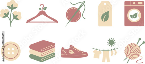 Sustainable fashion and organic textile icons collection with 10 elements dusty rose sage green warm cream cotton plant hanger needle patch tag washing machine button fabric sneaker laundry yarn flat 