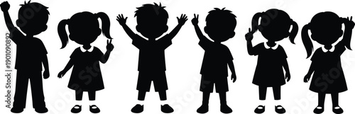 Happy children silhouette set showing boys and girls waving and raising hands isolated on white background for education childhood teamwork and playful design projects