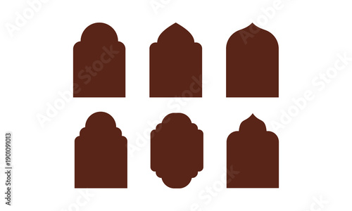 Set of six brown ornamental arch shapes forming an abstract decorative collection with geometric silhouettes, ideal for labels, frames, icons, packaging, invitations, and vintage design elements.