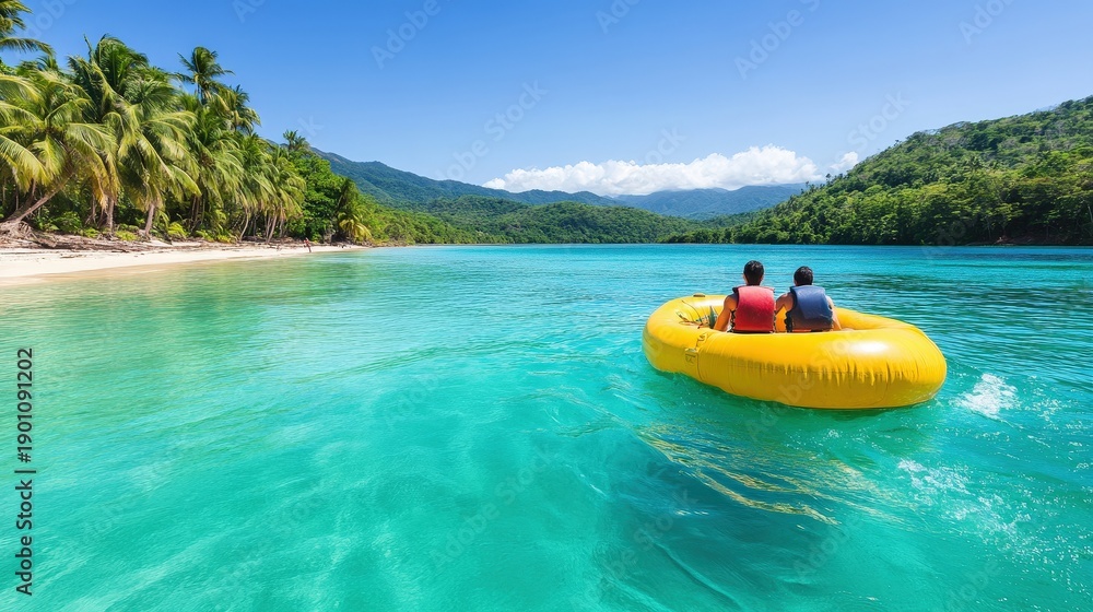 Fototapeta premium Two people in a yellow inflatable raft float on turquoise water near a tropical beach lined with palm trees and lush green hills.