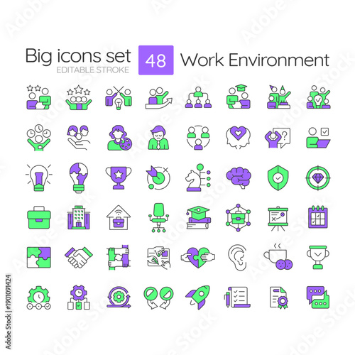 Work environment line color icons set. Business workflow, teamwork management. Team partnership, corporate culture. Vector illustrations. Simple flat colorful symbols collection. Editable stroke