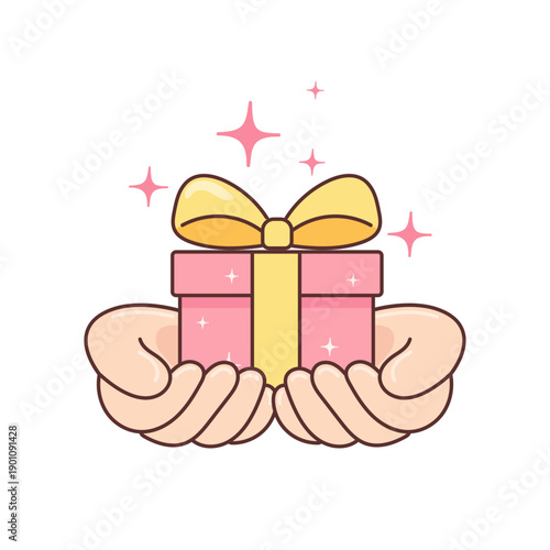 Hands holding a pink gift box with gold ribbon, charity and giveaway concept, flat line art vector. A metaphor for generosity, donation, reward, and "Give to Gain" concept. Minimalist vector design