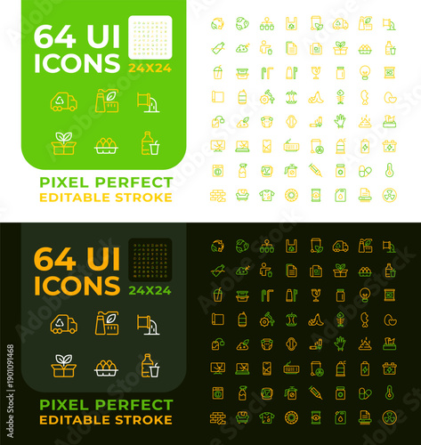 Waste management colorful line ui icon set for light and dark mode. Litter disposal. Environmental care. Garbage recycling. Vector duotone linear symbols pack. User interface elements, pixel perfect