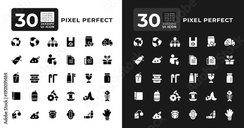Waste disposal glyph ui icon set for day and night mode. Litter collecting, sorting, recycling. Refuse disposal. Black solid symbols vector iconset. User interface elements collection, pixel perfect