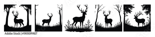 Black silhouettes of deer and trees in forest settings