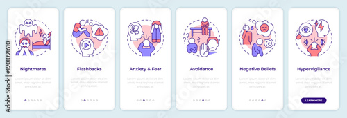 Signs of ptsd onboarding mobile app screen. Negative mindset. Walkthrough 6 steps editable graphic instructions with linear concepts. UI, UX, GUI. Montserrat SemiBold, Regular fonts used