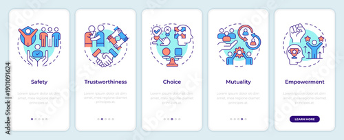 Principles of trauma informed care onboarding mobile app screen. Walkthrough 5 steps editable graphic instructions with linear concepts. UI, UX, GUI. Montserrat SemiBold, Regular fonts used