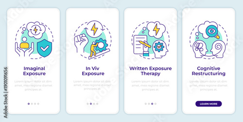 Trauma focused therapy techniques onboarding mobile app screen. Walkthrough 4 steps editable graphic instructions with linear concepts. UI, UX, GUI. Montserrat SemiBold, Regular fonts used