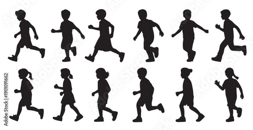 hildren running silhouettes black white 