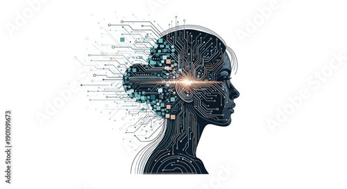 Illustration of a woman's head in profile with a circuit board design and glowing light, symbolizing women in science and technology on Women's Day, against a clean white background with a