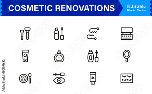 Cosmetic Renovations Line Icon Set with Professional Minimal Design and Modern Editable Elements for Construction and Home Improvement