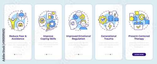 Benefits of trauma therapy onboarding mobile app screen. Walkthrough 5 steps editable graphic instructions with linear concepts. UI, UX, GUI. Montserrat SemiBold, Regular fonts used