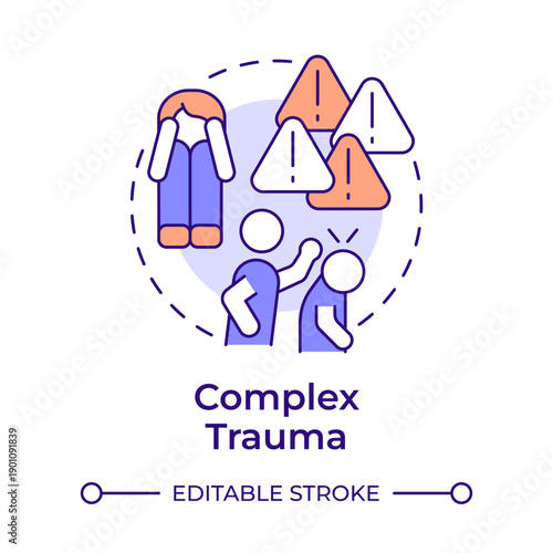 Complex trauma multi color concept icon. Psychological pressure, social distress. Discrimination person. Round shape line illustration. Abstract idea. Graphic design. Easy to use in brochure, booklet