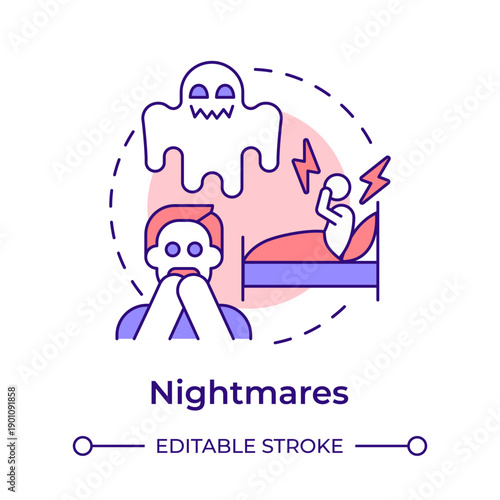 Nightmares multi color concept icon. Night terrors. Anxiety disorder, sleep disturbance. Round shape line illustration. Abstract idea. Graphic design. Easy to use in brochure, booklet