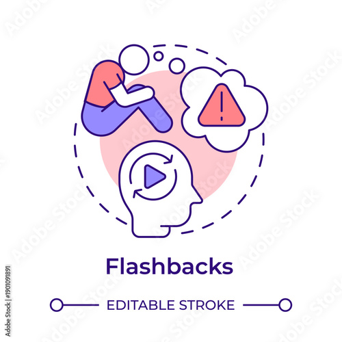 Flashbacks multi color concept icon. Negative thinking, mental health. Emotional energy. Round shape line illustration. Abstract idea. Graphic design. Easy to use in brochure, booklet