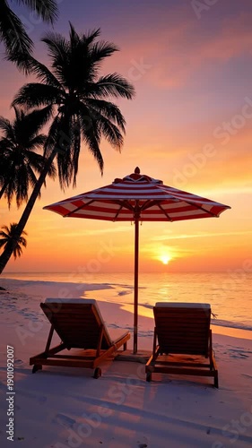 Two empty lounge chairs and a striped umbrella on a serene tropical beach at sunset. This peaceful image is perfect for travel and relaxation concepts