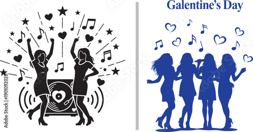 Two Galentine's Day party scenes: one features women dancing by a record player with hearts and stars, and the other shows a group silhouette singing karaoke with floating musical notes.