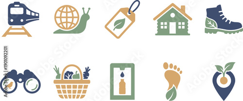 Sustainable travel and responsible ecotourism icons collection with 10 elements twilight blue sage green warm sand train snail globe luggage tag eco lodge hiking boot binoculars market basket refill