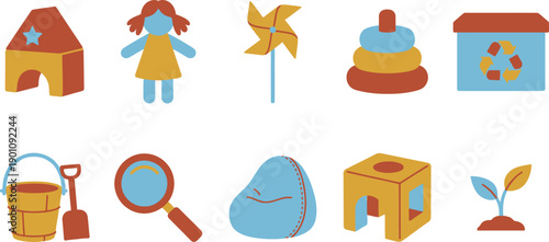 Eco friendly kids and sustainable play icons set with 10 elements terracotta red mustard yellow sky blue wooden block rag doll windmill nesting rings toy box bamboo shovel magnifying glass beanbag 
