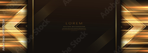 Elegant golden triangle glowing with lighting effect sparkle on dark brown background. Template premium award design.