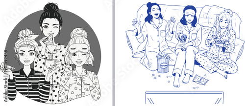 Two illustrations of women at a slumber party: one features a group portrait in patterned pajamas, and the other shows friends eating popcorn and snacks while watching a movie.