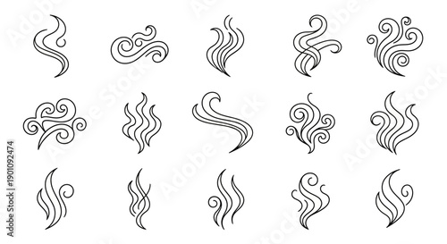 A collection of stylized, hand-drawn black and white illustrations depicting various forms of smoke or steam wisps.