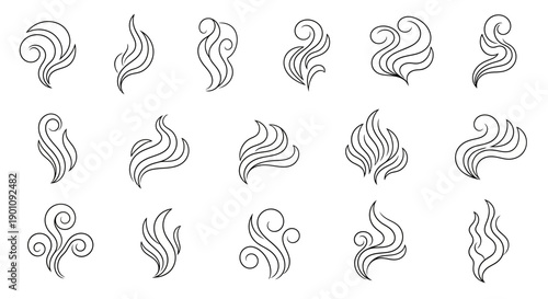 A collection of 15 stylized line art illustrations representing swirling smoke or steam.