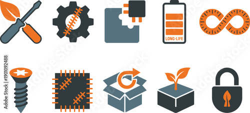 Right to repair and modular durability symbols collection with 10 elements industrial slate safety orange charcoal screwdriver leaf gear stitch block battery infinity measuring tape screw patch open 