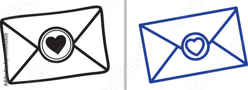 Two charming vector envelope illustrations sealed with hearts. One is a classic black hand-drawn outline, while the other features a crisp blue design, perfect for love letters and greetings.
