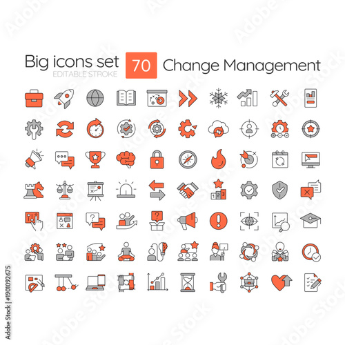 Change management two color line icons set. Analyzing organization transformation. Corporate growth. Business processes bicolor outline mega pack isolated. Duotone thin lineart. Editable stroke