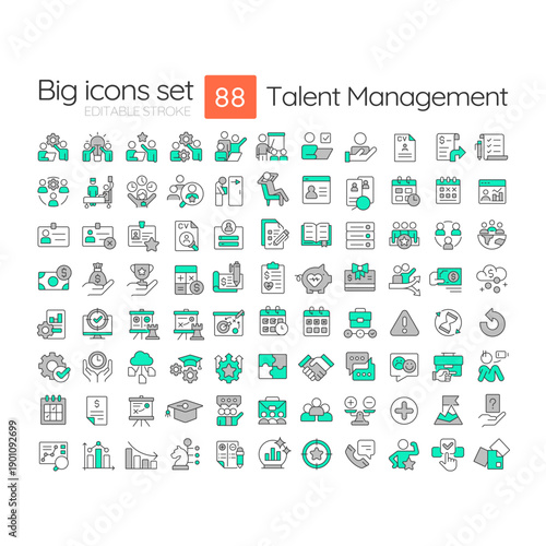 Talent management two color line icons set. Headhunting high level managers and rare specialists. HR work technique bicolor outline mega pack isolated. Duotone thin lineart. Editable stroke