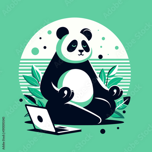 Panda meditating with laptop on green retro circular background
