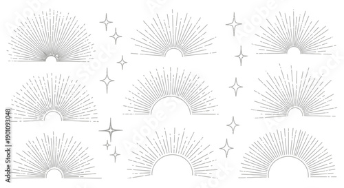 A collection of stylized sunburst graphics with radiating lines and scattered starburst elements, presented in a clean, minimalist design.