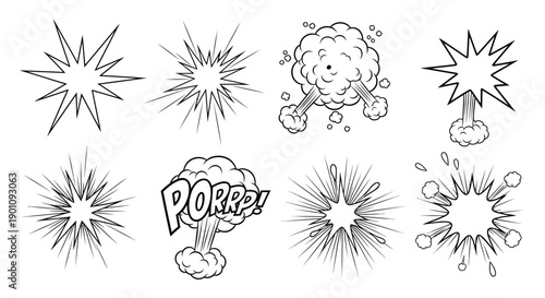 A collection of eight black and white comic book style explosion and impact sound effect graphics.