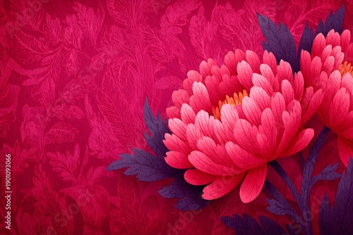 Vibrant Floral Composition with Pink Chrysanthemums on Textured Red Background for Elegant Design Generative AI