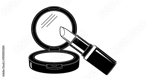 A black and white illustration of an open compact mirror next to a lipstick.