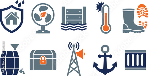 Climate adaptation and resilience symbols collection with 10 elements navy blue safety orange slate grey shield house rain cooling fan flood barrier thermometer boots rain harvesting storage tower 