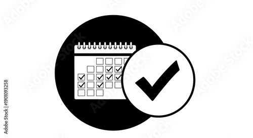 A black and white graphic illustration depicting a calendar with several days marked with checkmarks, signifying completion or scheduling, alongside a large checkmark in a circle.