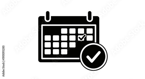 A black and white graphic illustration of a calendar with a checkmark indicating a scheduled event or completed task.