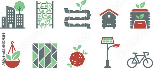 Urban rewilding and vertical farming icons set with 10 elements ash grey vibrant mint brick red city building tree roof vertical trellis vines hydroponic beehive compost planter green wall seed bomb 