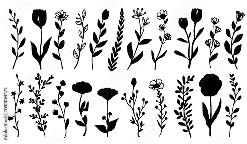 :
Cute doodle spring blossom and foliage vector bundle for stickers and festive decor