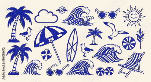 A collection of hand-drawn blue and white summer beach icons, including palm trees, waves, umbrellas, surfboards, sunglasses, seagulls, and a sun.