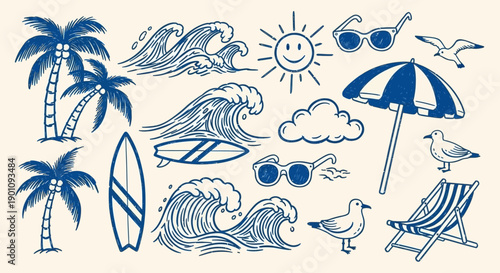 A collection of hand-drawn blue line art illustrations depicting a beach scene with palm trees, waves, surfboards, sun, clouds, seagulls, sunglasses, and a beach chair.