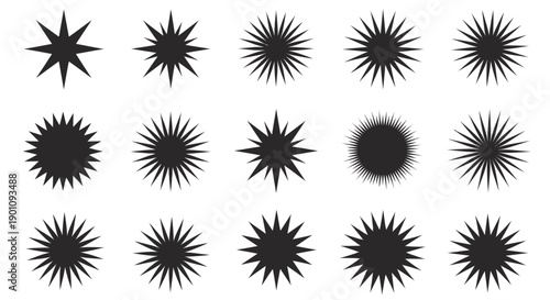 A collection of diverse starburst and sunburst graphic elements in black and white.